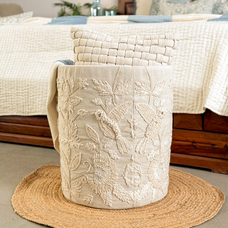 Hummingbird Embroidered Storage Basket - Beige