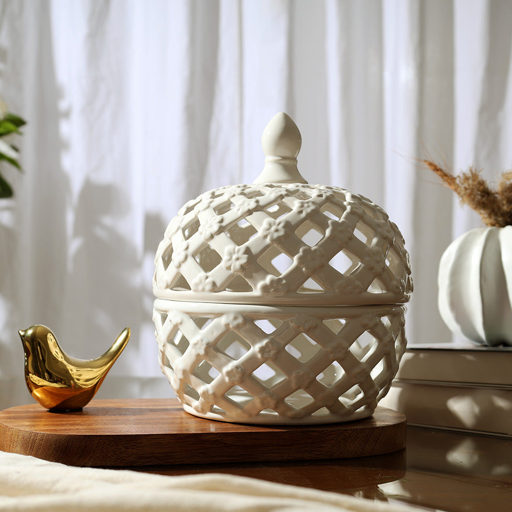 Lattice Decorative Jar With Lid Large - Ivory