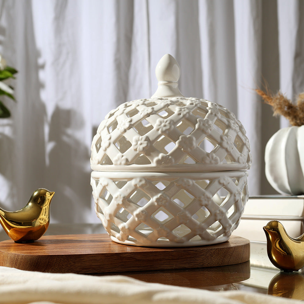 Lattice Decorative Jar With Lid Large - Ivory