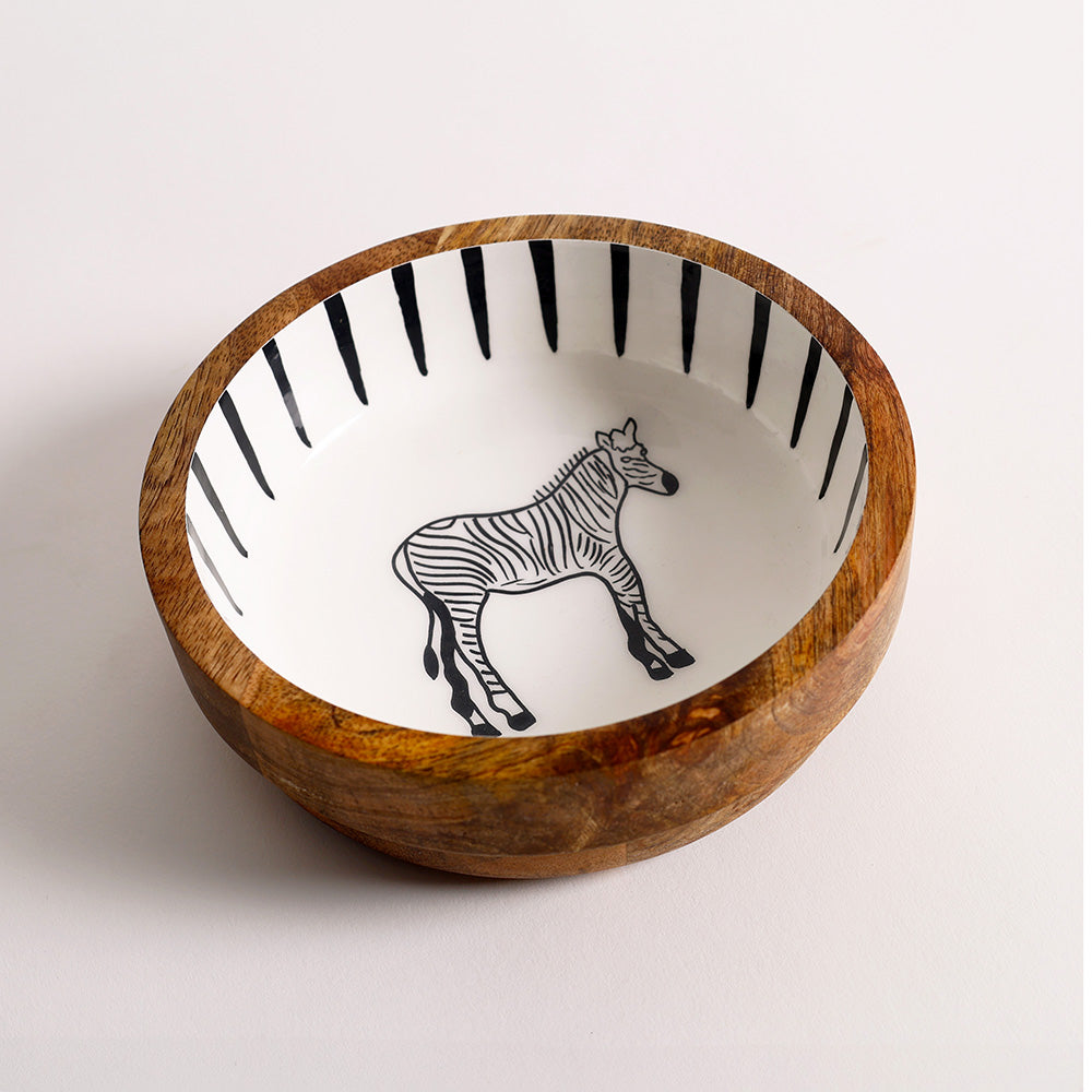 Zebra Wooden Serving Bowl Medium - White Black