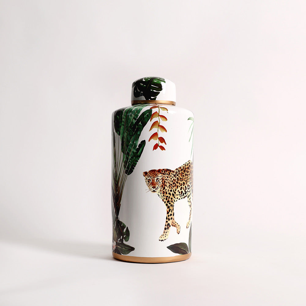 Porcelain Lidded Jar Tall - Jaguar Jungle
