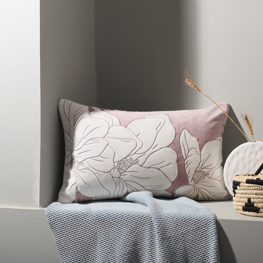 Iris Velvet Applique Rectangular Cushion Cover 50x30cm - Mauve White
