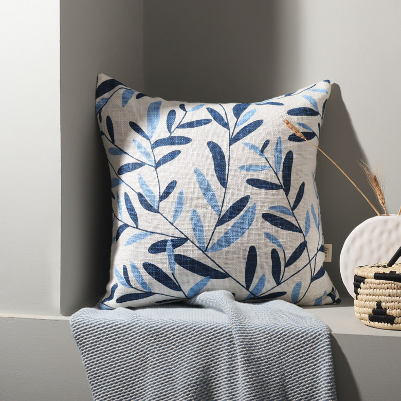 ESQ Living Ivy Printed Cotton Cushion Cover Blue White Modern Quests