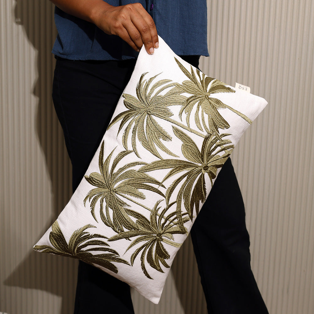 Palm Embroidered Rectangular Cushion Cover 30x50cm - Green White