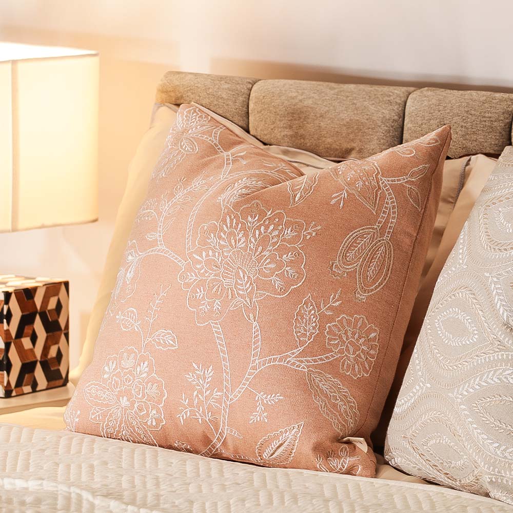 Jacobean Embroidered Cushion Cover 45x45cm - White Peach