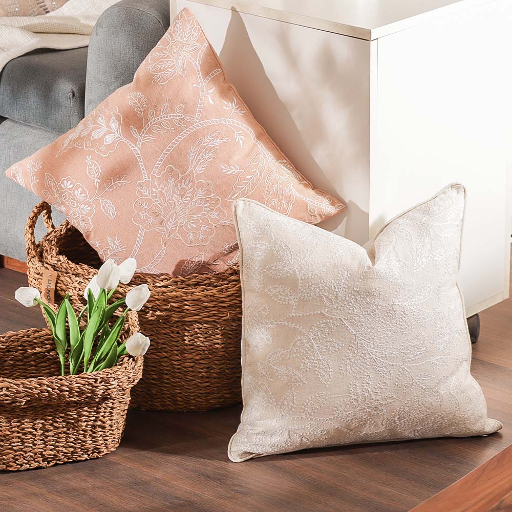 Jacobean Embroidered Cushion Cover 45x45cm - White Peach