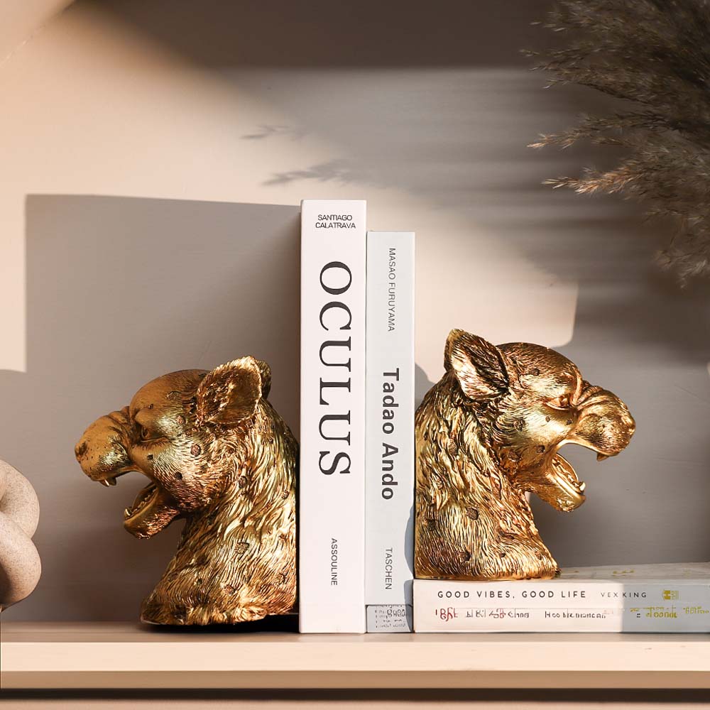 Lux Jaguar Head Bookends, Set of 2 - Gold