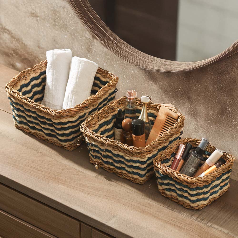 Jute & Seagrass Square Storage Baskets, Set of 3 - Blue Cream