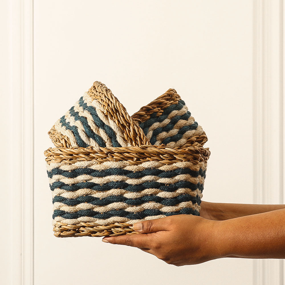 Jute & Seagrass Square Storage Baskets, Set of 3 - Blue Cream