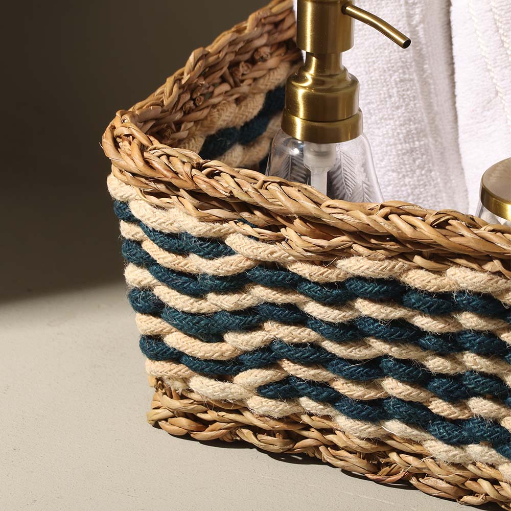 Jute & Seagrass Square Storage Baskets, Set of 3 - Blue Cream