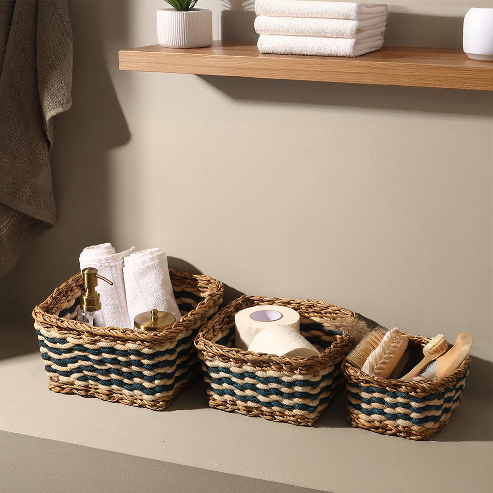 Jute & Seagrass Square Storage Baskets, Set of 3 - Blue Cream