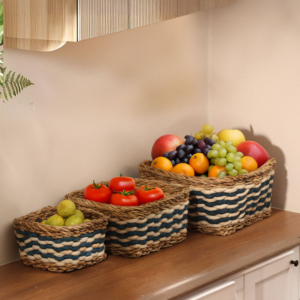 Jute & Seagrass Square Storage Baskets, Set of 3 - Blue Cream