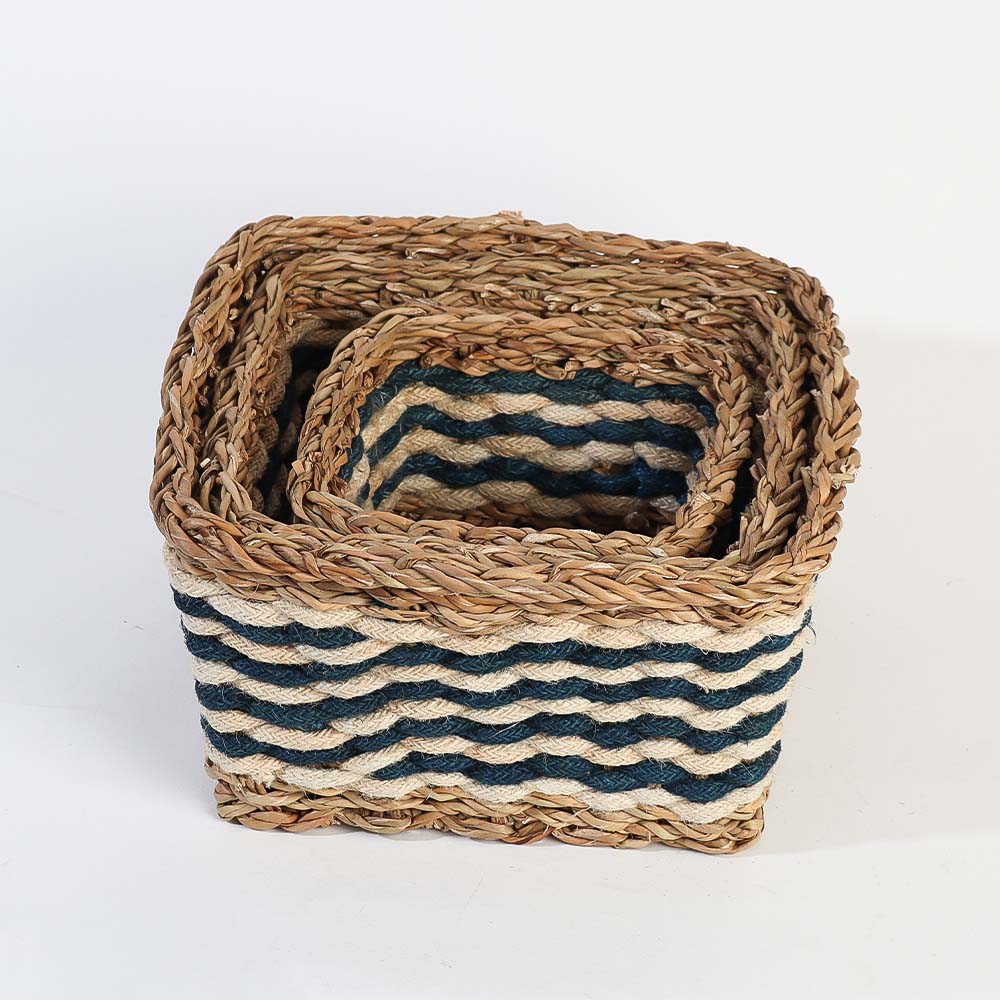 Jute & Seagrass Square Storage Baskets, Set of 3 - Blue Cream
