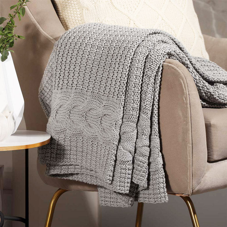 Quill Stitch Wishbone Knitted Throw Grey