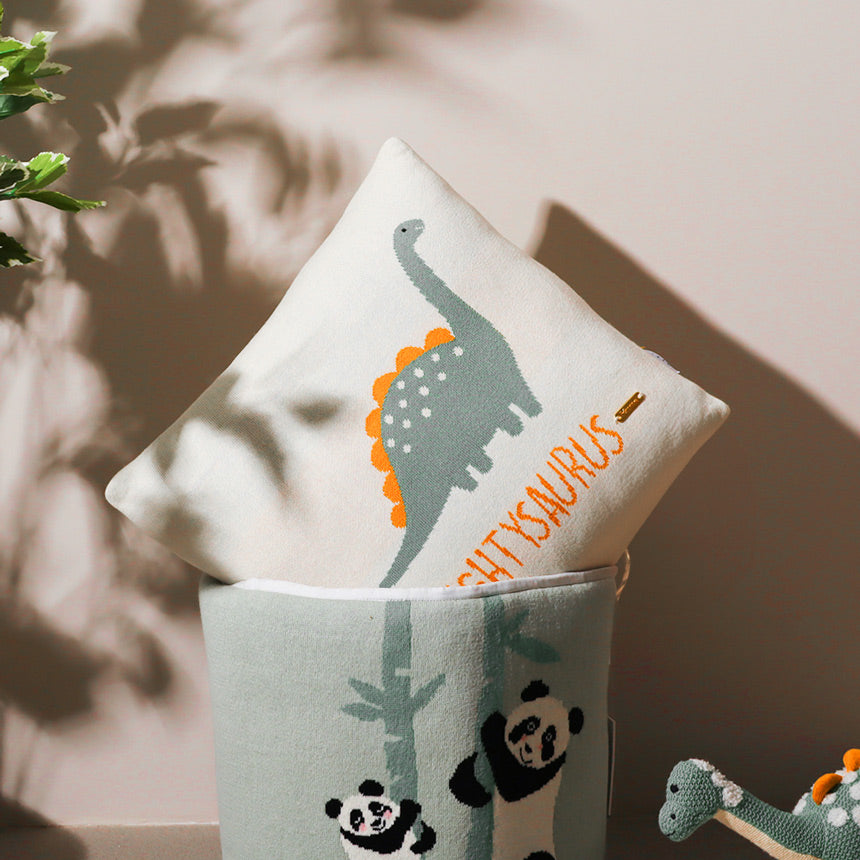 Knitted Cushion Cover 35x35cm - Green Dinosaur