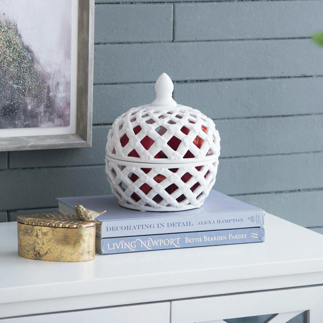 Lattice Decorative Jar With Lid Large - Ivory