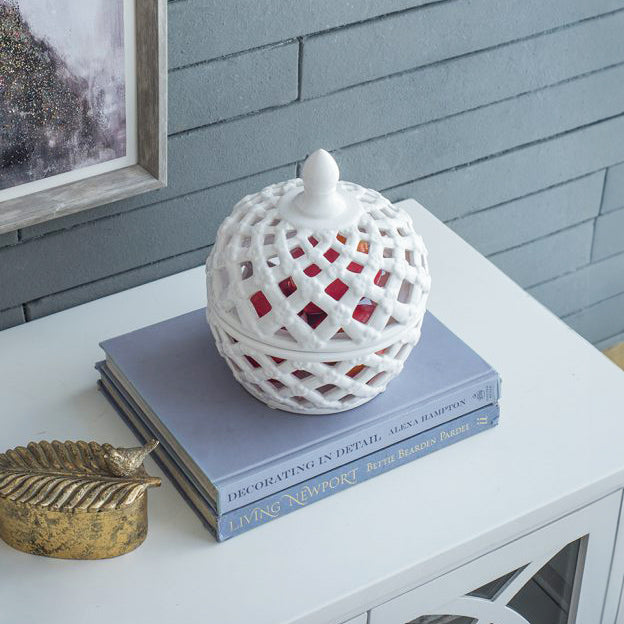 Lattice Decorative Jar With Lid Large - Ivory