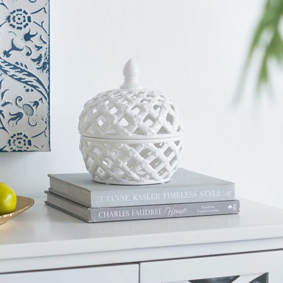 Lattice Decorative Jar With Lid Large - Ivory