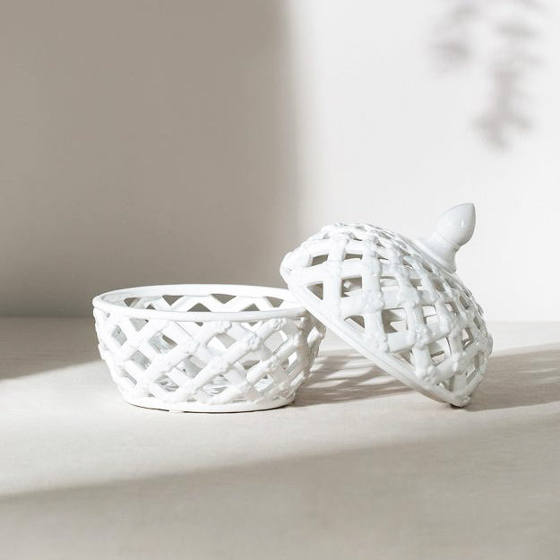 Lattice Decorative Jar With Lid Large - Ivory
