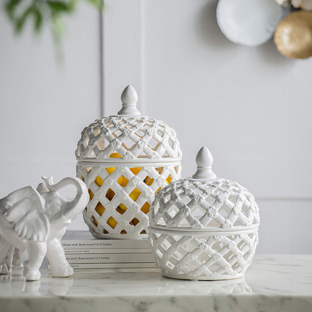 Lattice Decorative Jar With Lid Large - Ivory