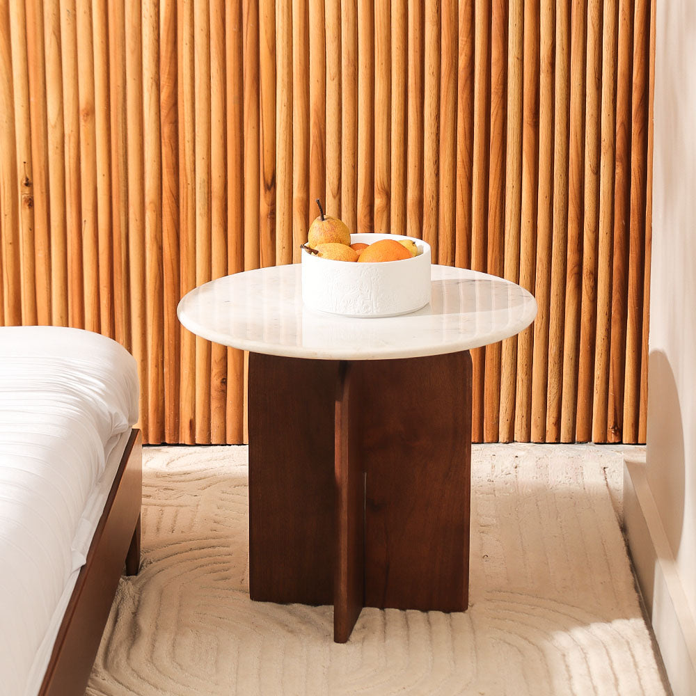 Laverne Marble & Mango Wood Side Table Short - White Russet