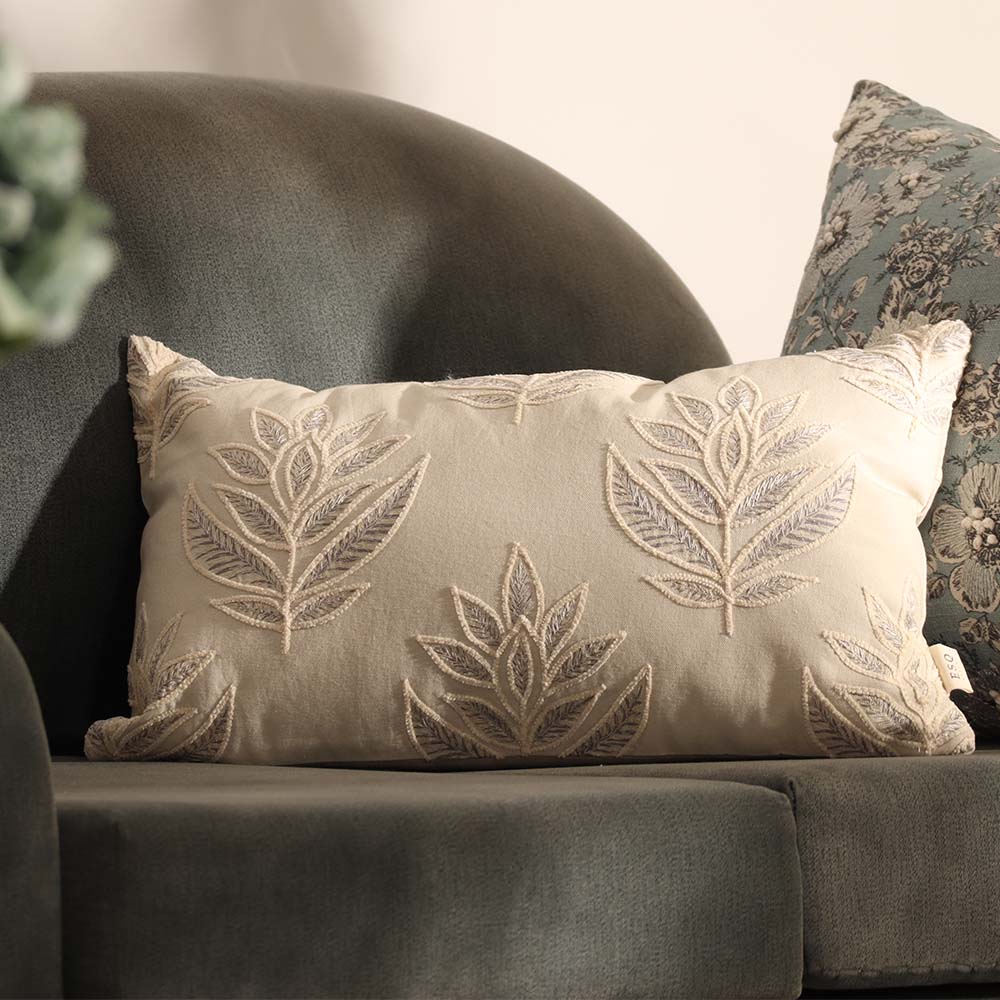 Leaf Rectangular Embroidered Cotton Cushion Cover 50x30cm - Grey Sage