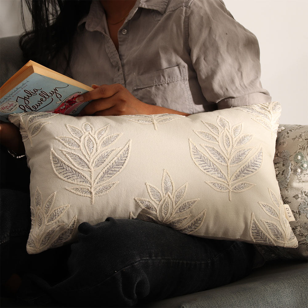 Leaf Rectangular Embroidered Cotton Cushion Cover 50x30cm - Grey Sage