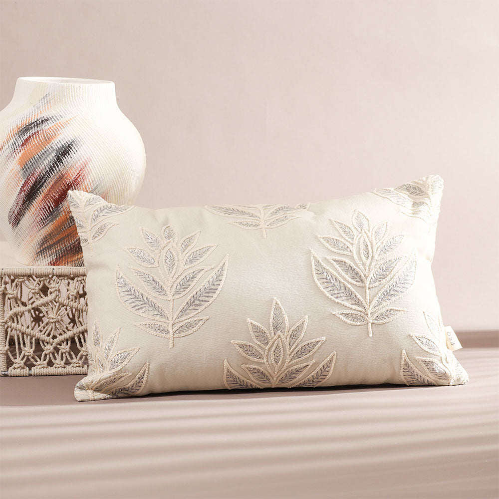 Leaf Rectangular Embroidered Cotton Cushion Cover 50x30cm - Grey Sage