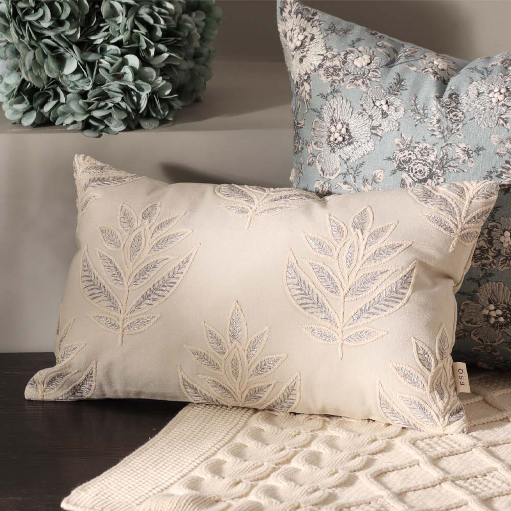 Leaf Rectangular Embroidered Cotton Cushion Cover 50x30cm - Grey Sage