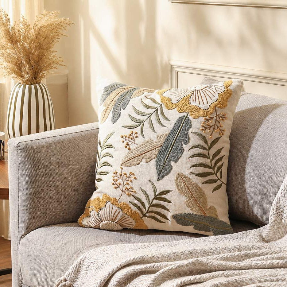Leafy Embroidered Cushion Cover 45x45cm - Multicolor