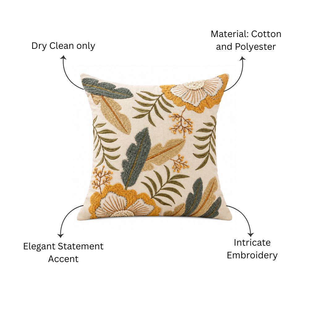 Leafy Embroidered Cushion Cover 45x45cm - Multicolor