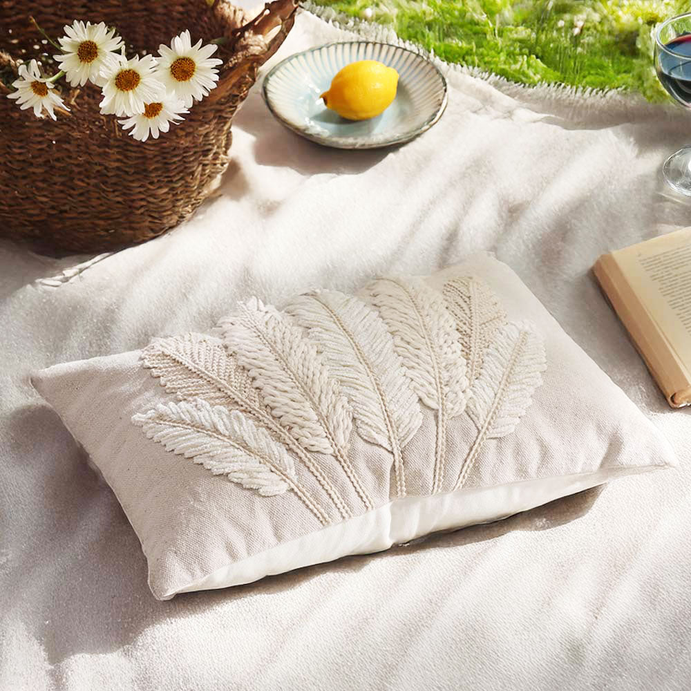 Leaves Embroidered Rectangular Cotton Cushion Cover 30x50cm - White