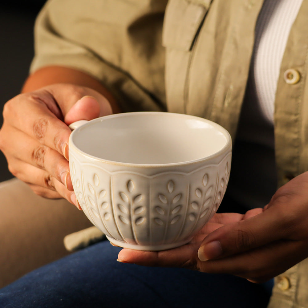 Leaves Ceramic Coffee Cup - White