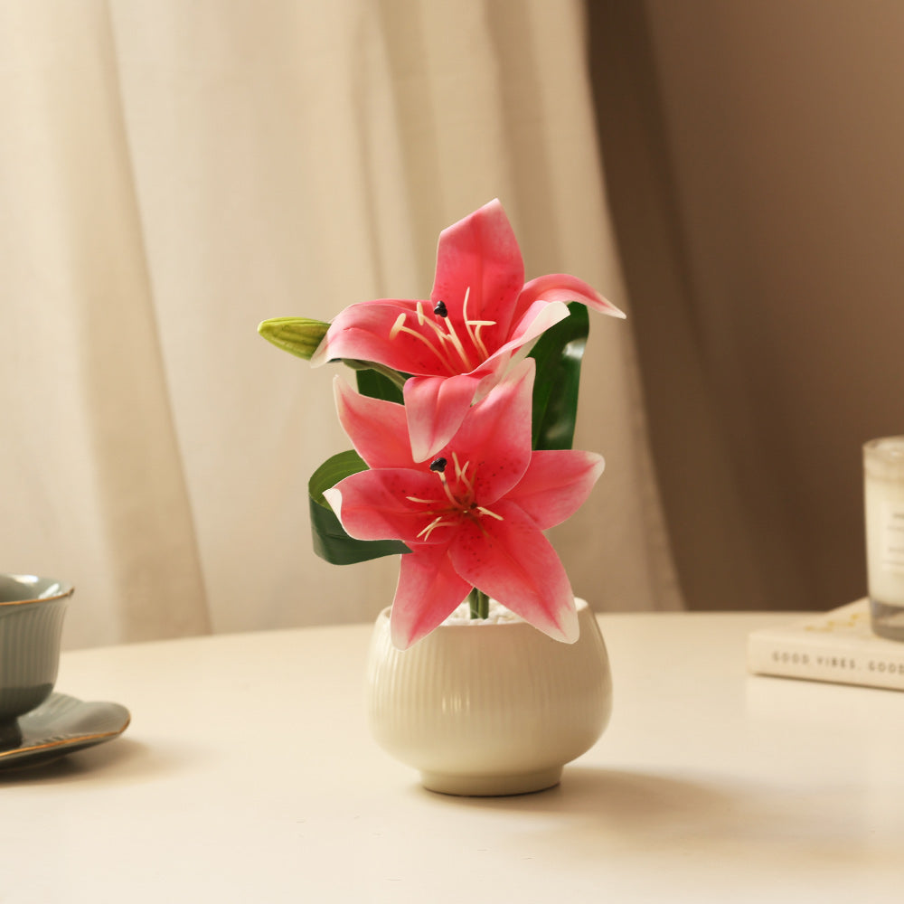 Lilies Artificial Potted Plant - Magenta Cream