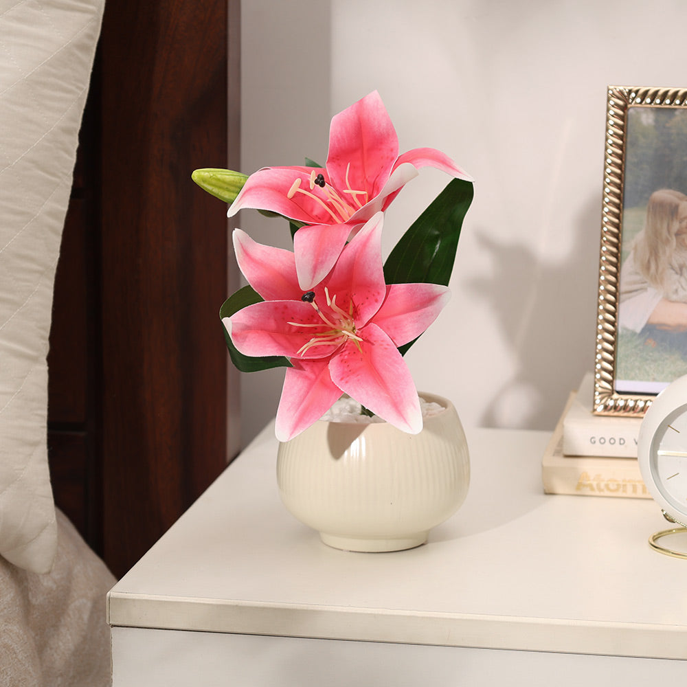 Lilies Artificial Potted Plant - Magenta Cream