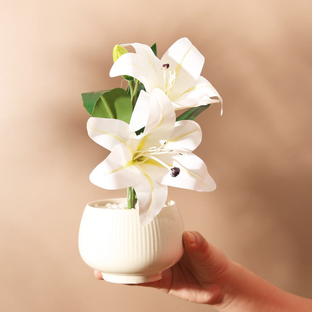 Lilies Artificial Potted Plant - Ivory Cream