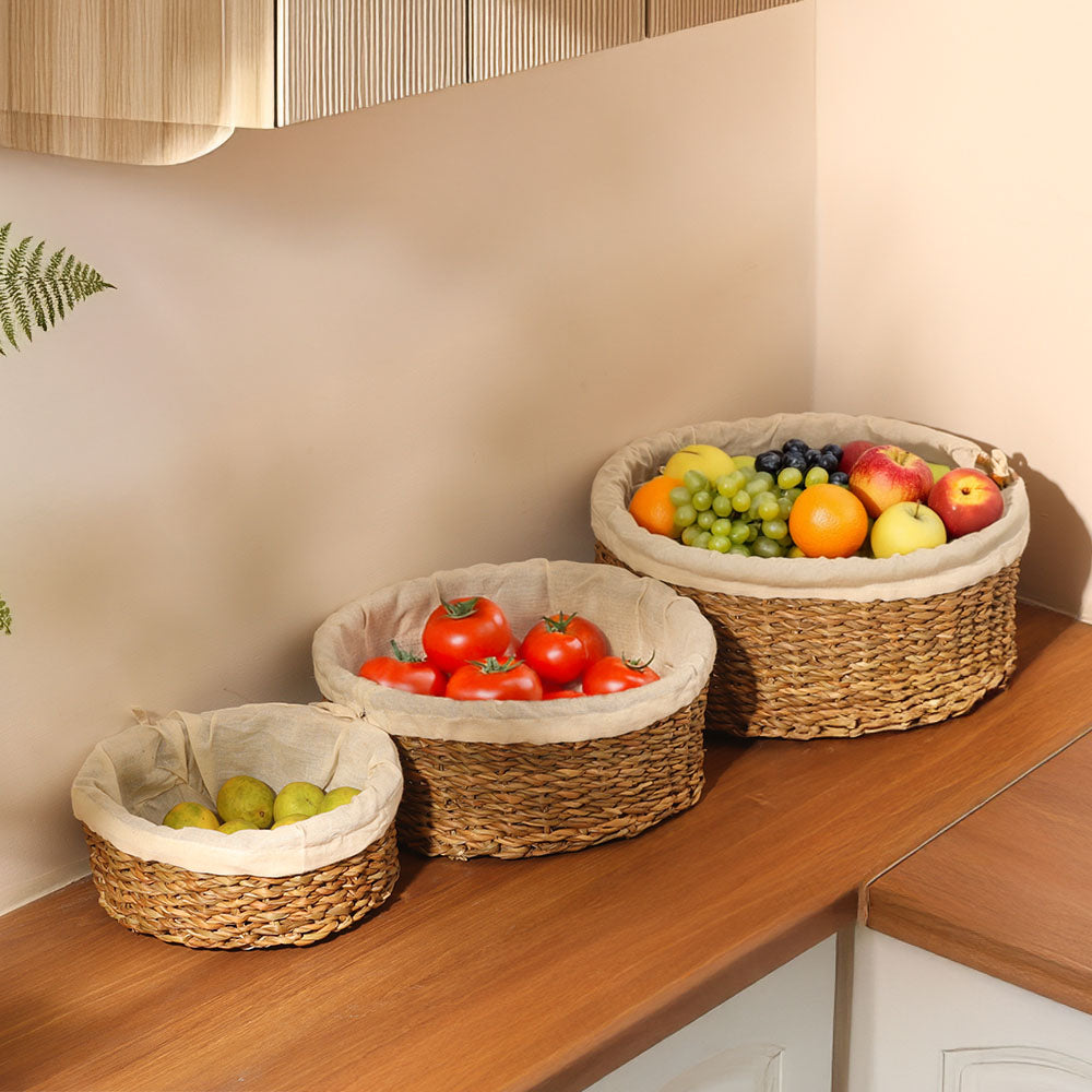 Lined Seagrass Round Storage Baskets, Set of 3 - Natural