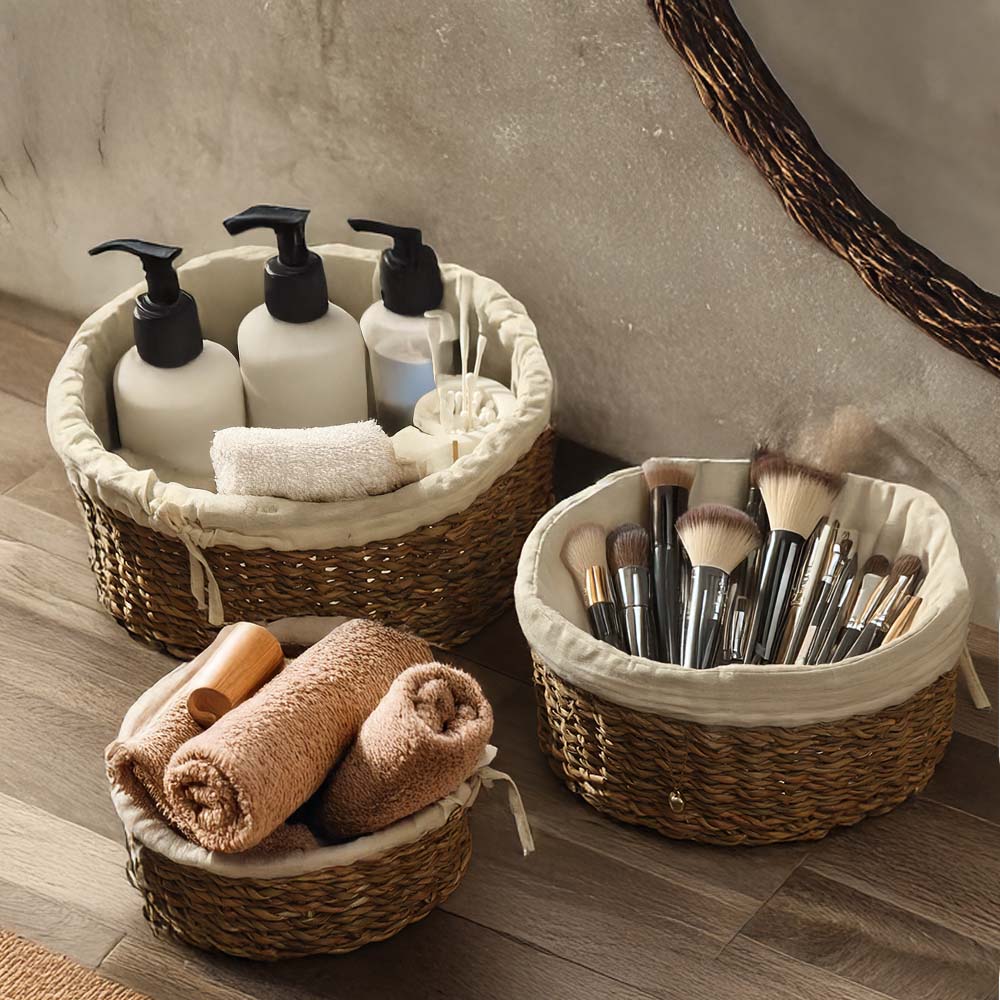 Lined Seagrass Round Storage Baskets, Set of 3 - Natural