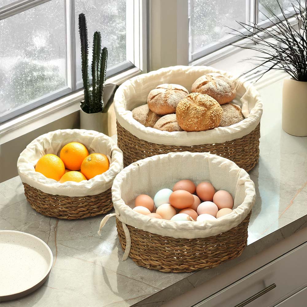 Lined Seagrass Round Storage Baskets, Set of 3 - Natural