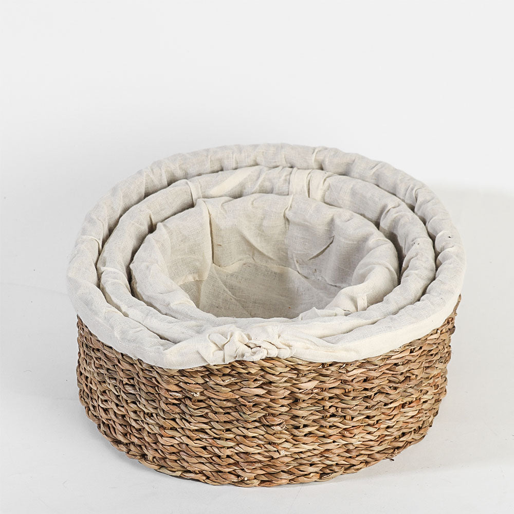 Lined Seagrass Round Storage Baskets, Set of 3 - Natural