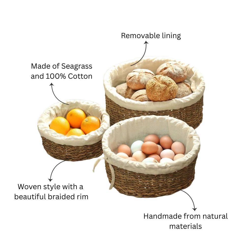 Lined Seagrass Round Storage Baskets, Set of 3 - Natural