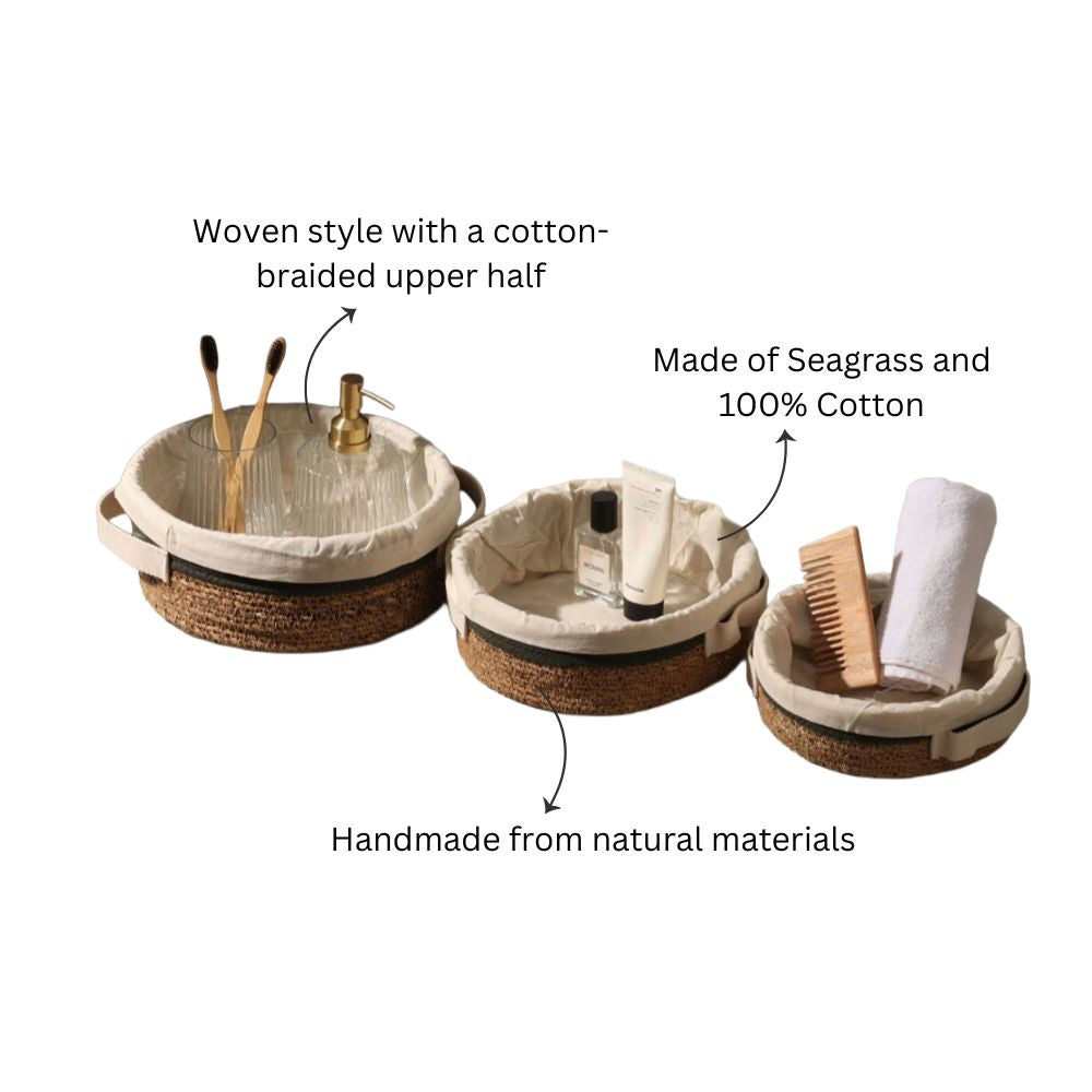 Lined Seagrass Round Storage Baskets, Set of 3 - Natural Olive