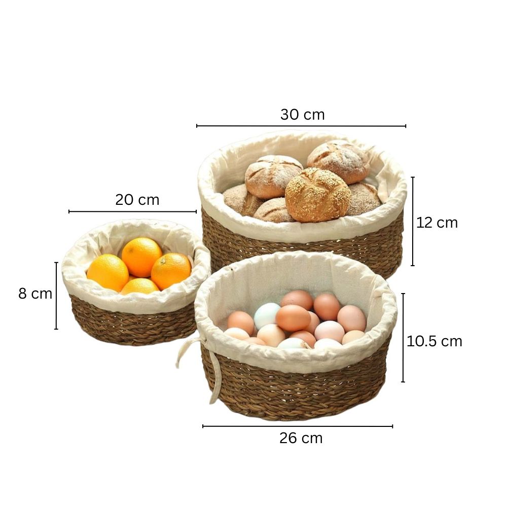 Lined Seagrass Round Storage Baskets, Set of 3 - Natural