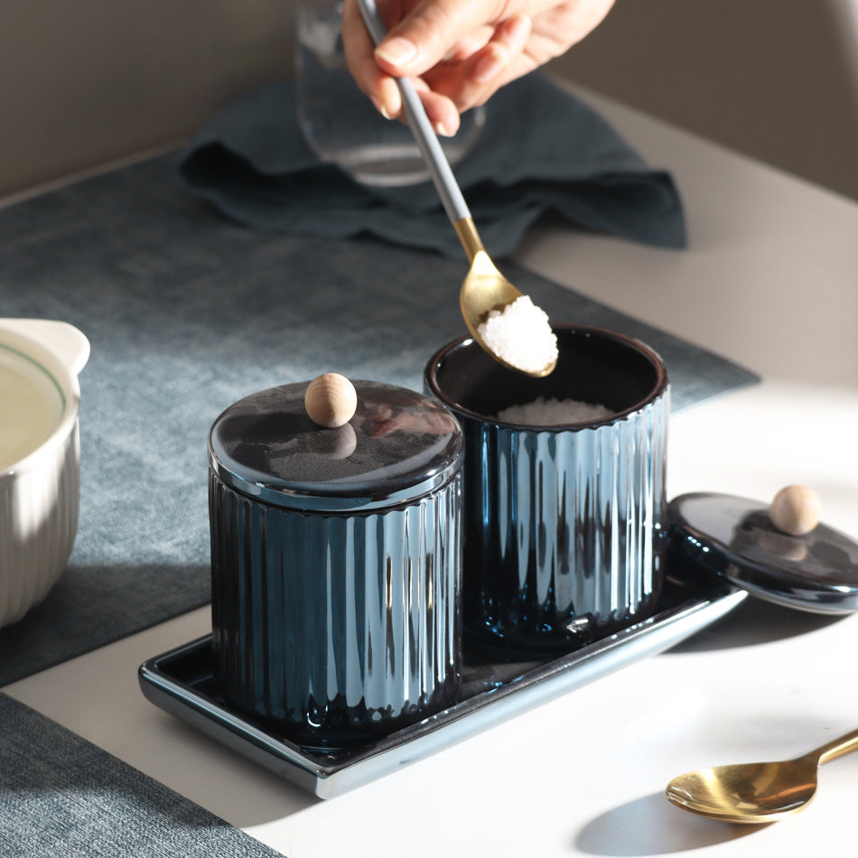 Lineo Ceramic Condiment Jars with Tray - Metallic Blue