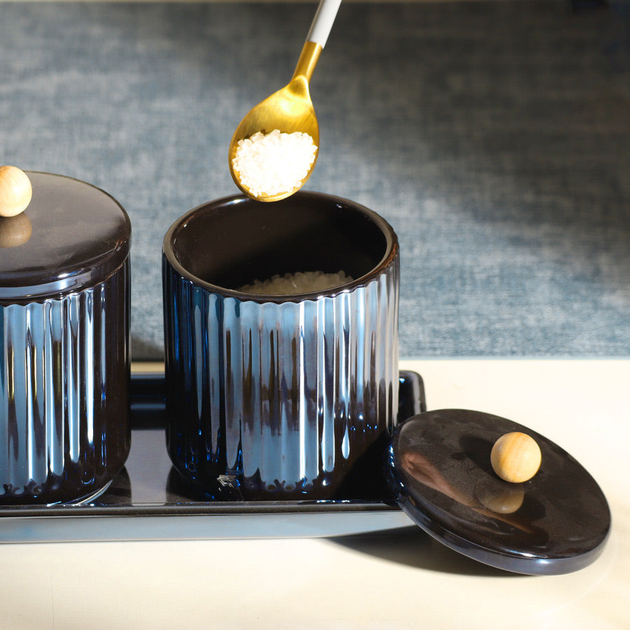 Lineo Ceramic Condiment Jars with Tray - Metallic Blue
