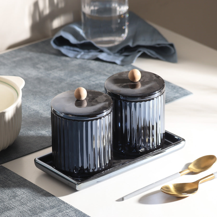 Lineo Ceramic Condiment Jars with Tray - Metallic Blue