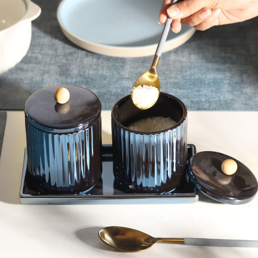 Lineo Ceramic Condiment Jars with Tray - Metallic Blue