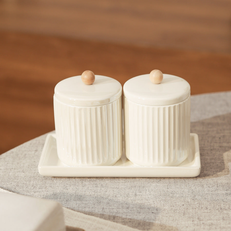 Lineo Ceramic Condiment Jars with Tray - Pearl White