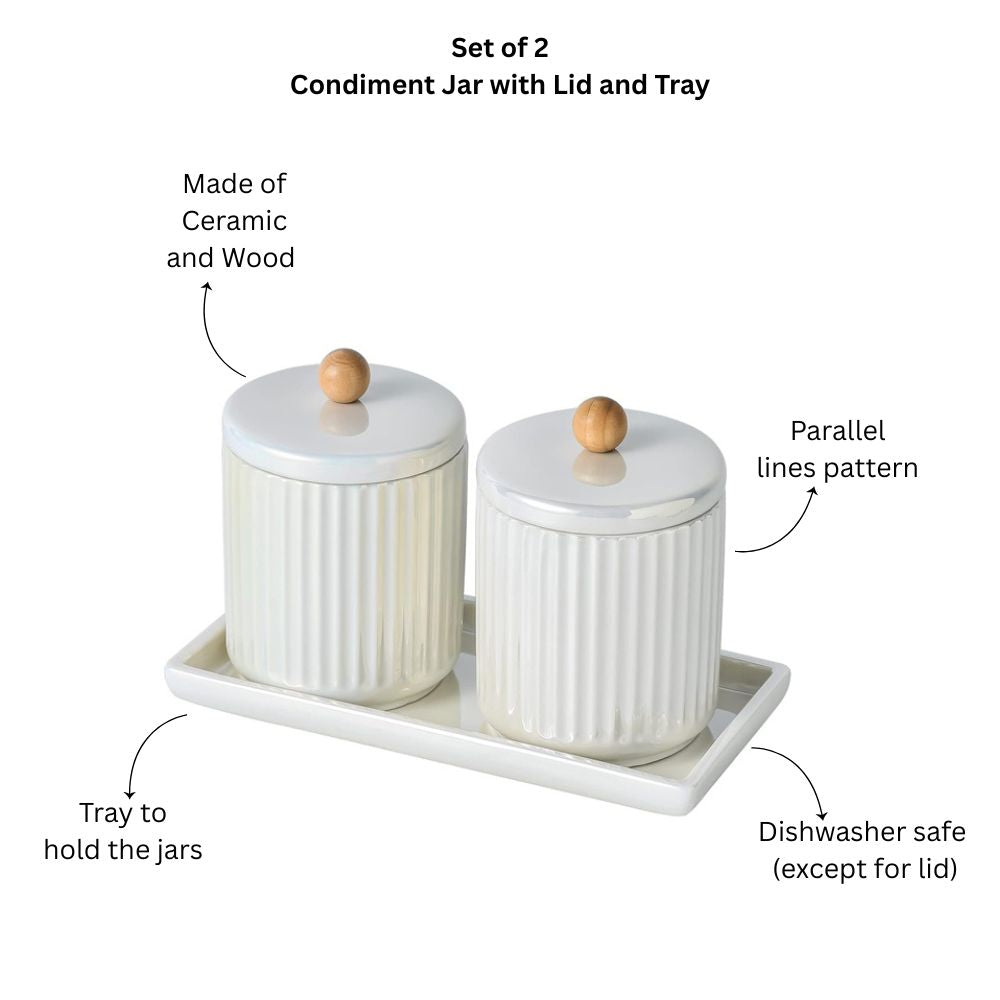 Lineo Ceramic Condiment Jars with Tray - Pearl White