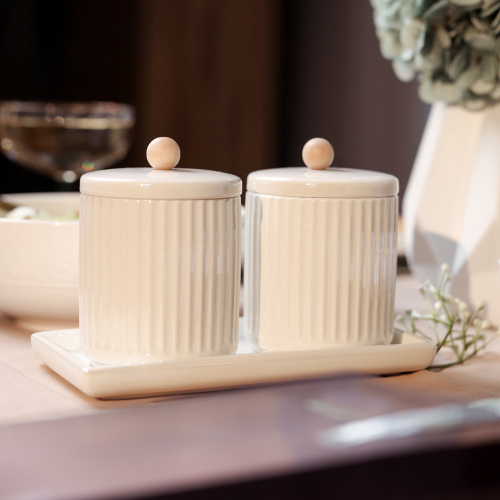 Lineo Ceramic Condiment Jars with Tray - Pearl White